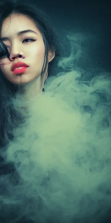Image similar to dark background, light paint, candid!! long portrait of a very very beautiful! young filipino woman with narrow face, large closed eyes and flowing long hair, swirling dreamy smoke and fog is coming from her mouth, face partially obscured, by conrad roset, abstract background, dramatic lighting, minimal art, trending on artstation
