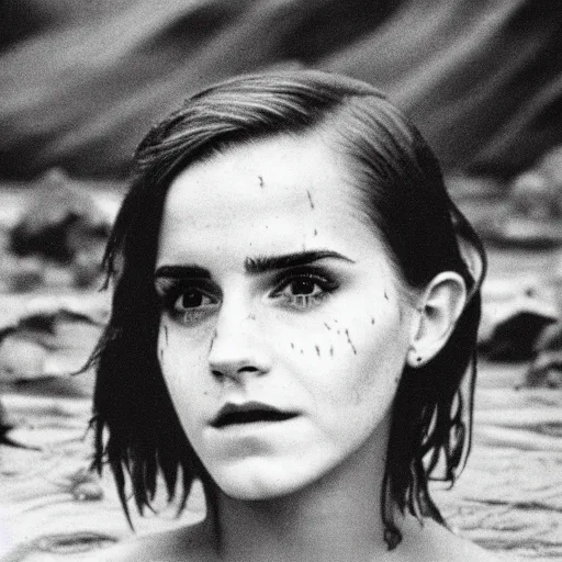 Image similar to film still, close up, emma watson rising out of muddy vietnam river, face covered in mud, low camera angle at water level, night time, film still from apocalypse now ( 1 9 7 9 ), 2 6 mm polaroid polaroid polaroid polaroid polaroid expired expired expired,