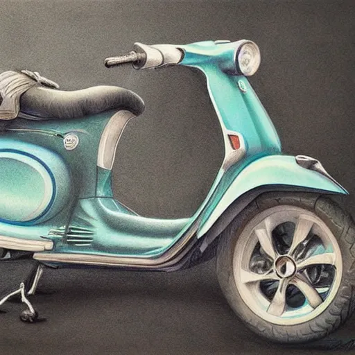 Image similar to hyper realistic pencil drawing of a turquoise vespa moped, water color, detailed, rim light, diffused, intricate, by anna dittmann,