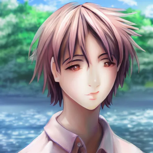 Image similar to cute anime boy standing by a large river,detailed face,detailed eyes,pink lips,upturned nose, digital art , highly detailed , high contrast, beautiful lighting, award winning , trending on art station, photorealistic, 8k