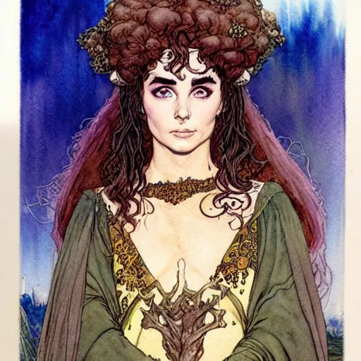 Image similar to a realistic and atmospheric watercolour fantasy character concept art portrait of young elizabeth taylor aged 2 1 as a druidic warrior wizard looking at the camera with an intelligent gaze by rebecca guay, michael kaluta, charles vess and jean moebius giraud