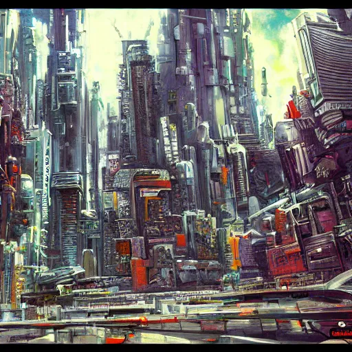 Image similar to highly detailed futuristic city t - 1 0 0 cityscape, katsuhiro otomo style painting