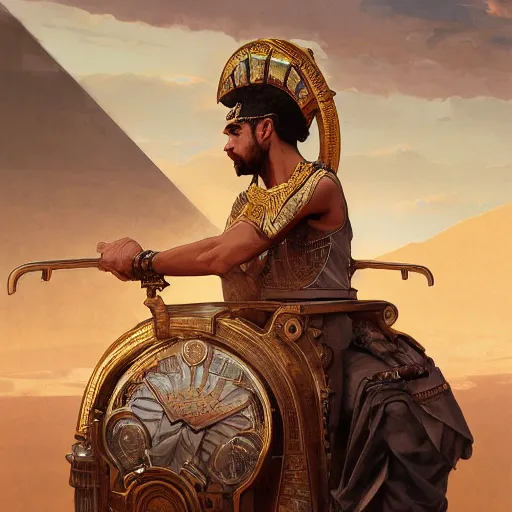 Prompt: portrait of a handsome egyptian prince on a steampunk throne of a desert city, headshot, highly detailed, digital painting, artstation, concept art, sharp focus, cinematic lighting, illustration, art by artgerm and greg rutkowski, alphonse mucha, cgsociety