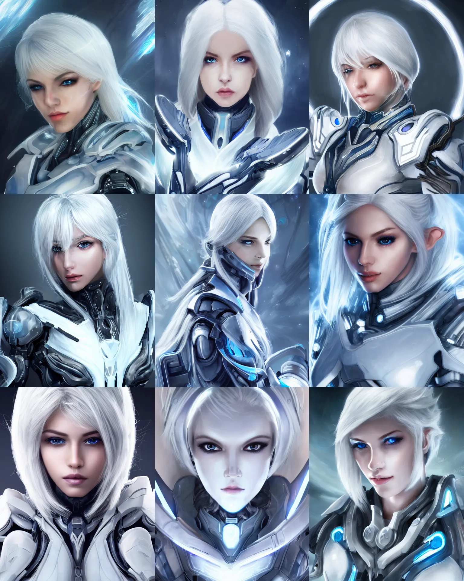 Prompt: detailed portrait of perfect white haired girl, warframe armor, beautiful, dreamy, pretty face, blue cyborg eyes, goddess, radiant light, scifi, clean, advanced technology, illuminated, perfect, space, futuristic laboratory, ultra realistic, intricate, glow, unreal engine, extreme details, focused, masterpiece