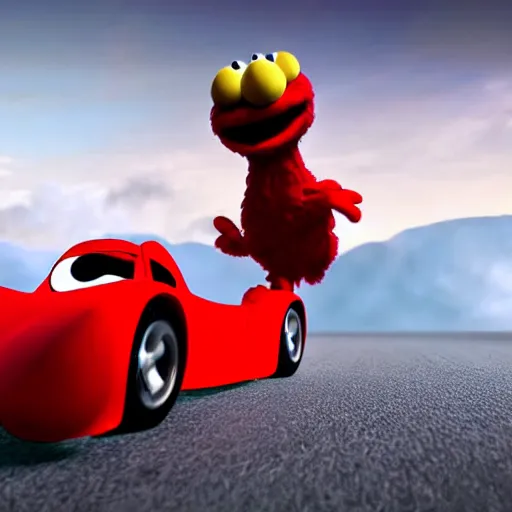 Image similar to Elmo driving a sports car, cinematic, cinematic lighting, HD, movie experience