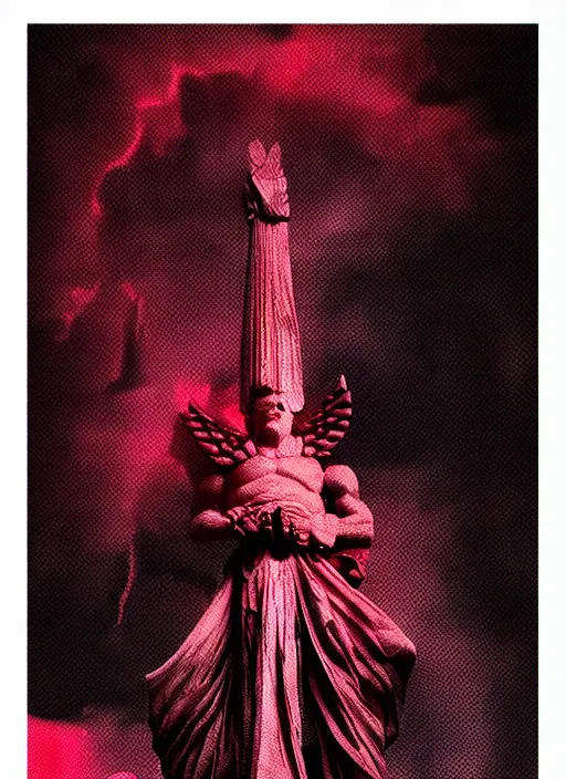 Image similar to dark design poster showing a statue of the greek gods, black background with very subtle red and purple design elements, powerful, nekro, vito acconci, thin straight lines, dark, glitch art, neo vaporwave, gritty, layout frame, square, trending on artstation