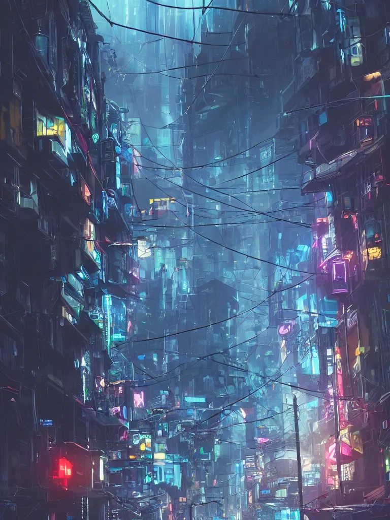 Prompt: futuristic cyberpunk street, hanging cables, narrow, garbage on the ground. rain. fog, haze, evening. led screens. golden hour. volumetric lighting. cables on the ground. very messy. futuristic. photorealistic. artstation. anime. studio gimbli style