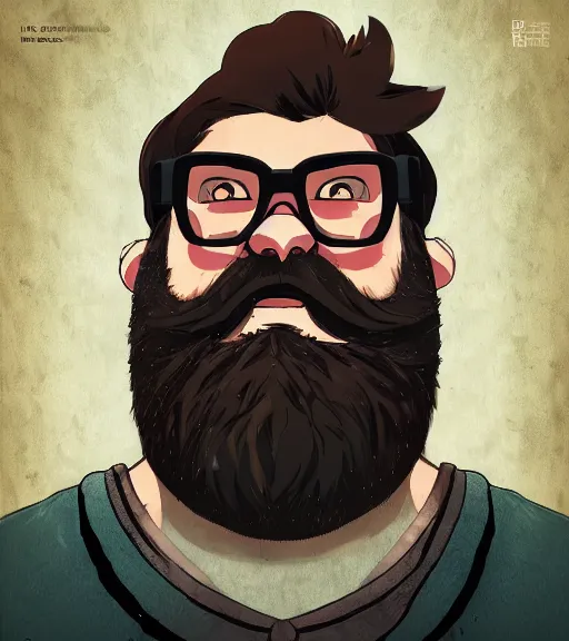 Prompt: an epic fantasy comic book style portrait painting of chubby hipster guy with retro glasses and a fullbeard, studio ghibli, unreal 5, daz, hyperrealistic, octane render, cosplay, rpg portrait, dynamic lighting, intricate detail, harvest fall vibrancy, cinematic