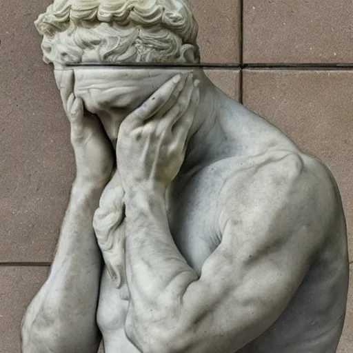 Image similar to photo of a richly detailed marble statue of a facepalming because of his slow laptop by leonardo davinci