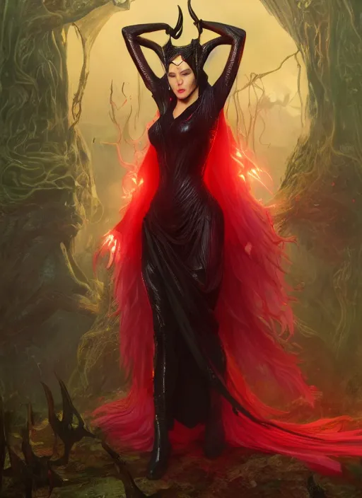 Image similar to scarlet witch as maleficent, naturel, hyper detailed, digital art, trending in artstation, cinematic lighting, studio quality, smooth render, unreal engine 5 rendered, octane rendered, art style by klimt and nixeu and ian sprigger and wlop and krenz cushart