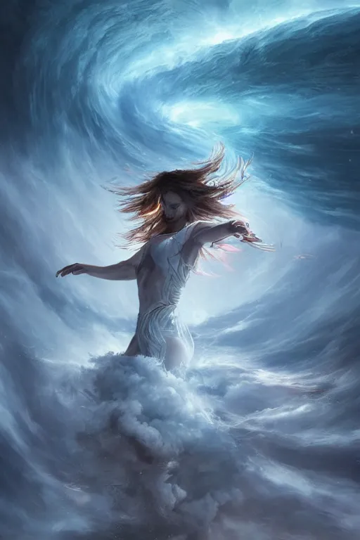 Image similar to a fractal dancer in a tornado emerges from a stormy sea by artgem and greg rutkowski, vivid colors, trippy, nebula, trending on artstation