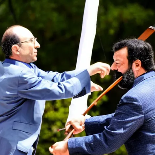 Image similar to matteo salvini and enrico letta katana duel in a shinto shrine while sakura petals are falling