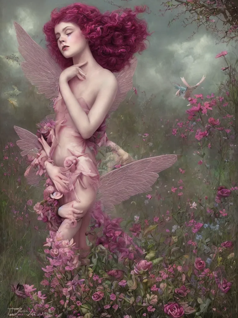 Image similar to one pink fairy with large wings exploring her lonely flower garden by herself in the style of tom bagshaw, extremely detailed, muted colors