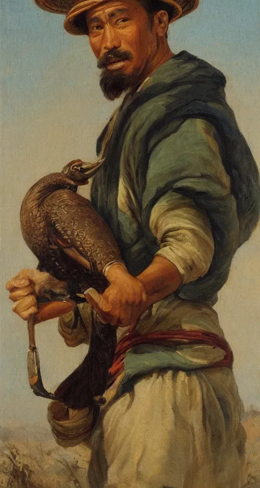 Image similar to orientalist portrait painting of a fisherman with a cormorant on his shoulder, in romantic style, sfumato