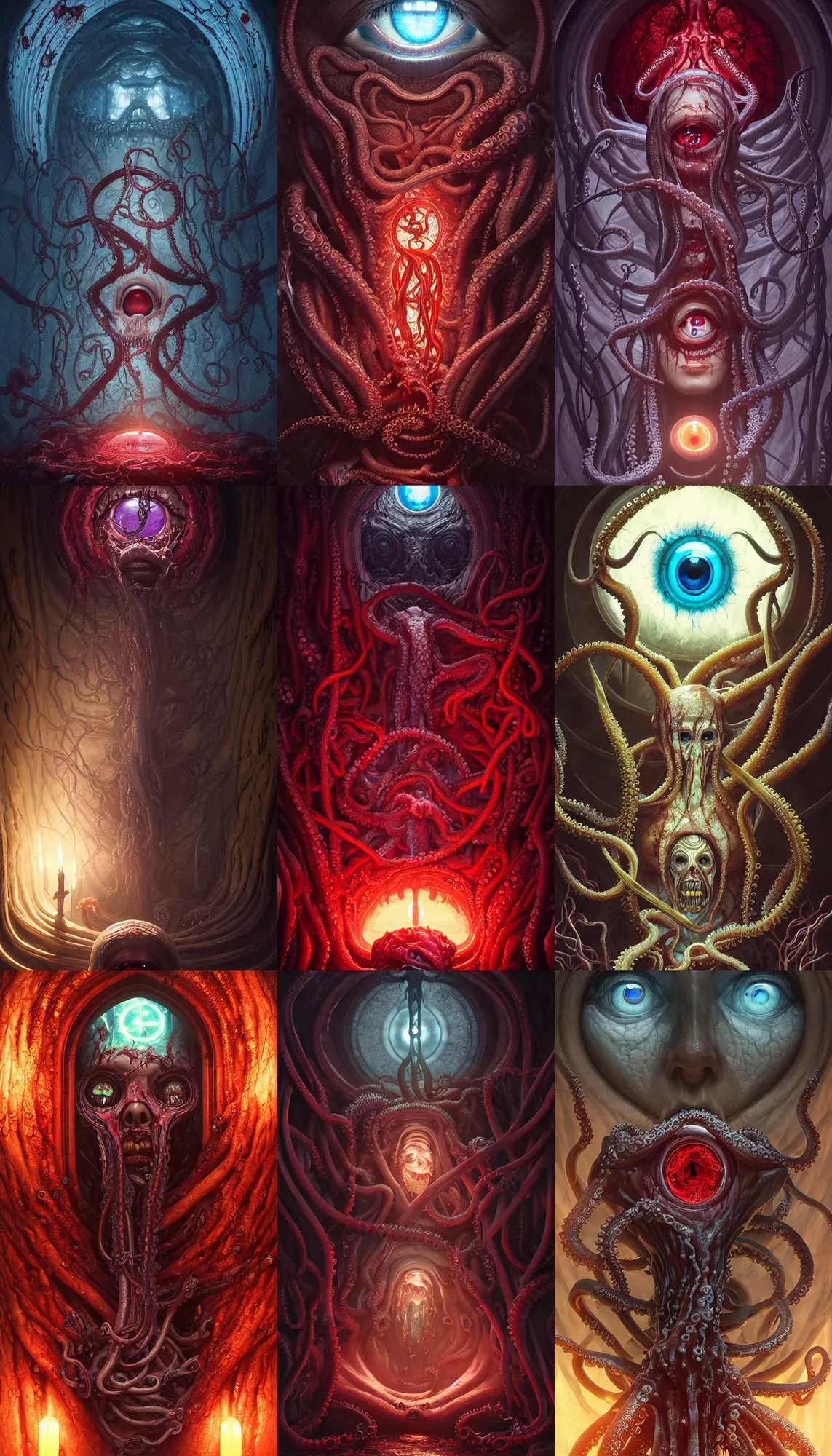 Prompt: Melting anatomically correct human eye, bright eldritch being with gruesome and bloodied tentacles, occult symbols present, hyperrealistic, stained glass, detailed: cornea, iris, pupil, octane render, cinematic, art by by Greg Rutkowski and Igor Kieryluk