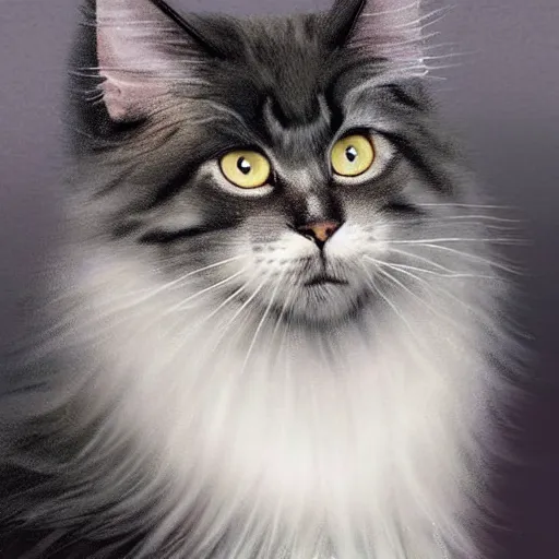 Prompt: a big magnificent dark gray maine coon mix cat with white belly, white paws and white face markings with long fur and fluffy tail, sitting, intricate, elegant, highly detailed, digital painting, artstation, concept art, matte, sharp focus, illustration, art by Artgerm and Greg Rutkowski and Alphonse Mucha