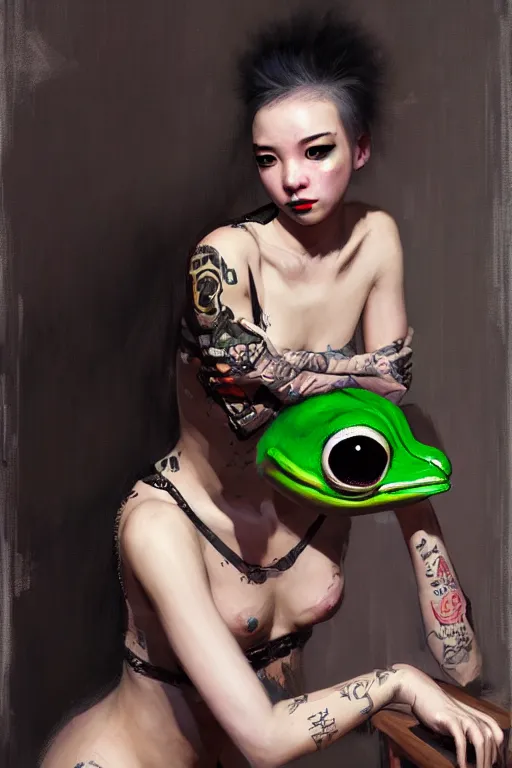 Image similar to portrait of a punk girl on a date with pepe! the frog! drinking coffee in the style of fenghua zhong and ruan jia and jeremy lipking and peter mohrbacher, extremely detailed digital painting, 8 k