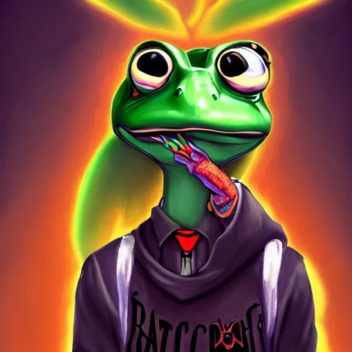 Image similar to Beautiful portrait digital painting, oil painting, anthro anthropomorphic frog androgynous , at a lake anarchist anarcho-punk Punk Punk outfit. furaffinity, artstation