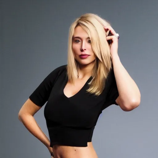 Image similar to Elon Musk with blonde hair and beautiful female features, wearing crop top and miniskirt, photography, full body, alluring