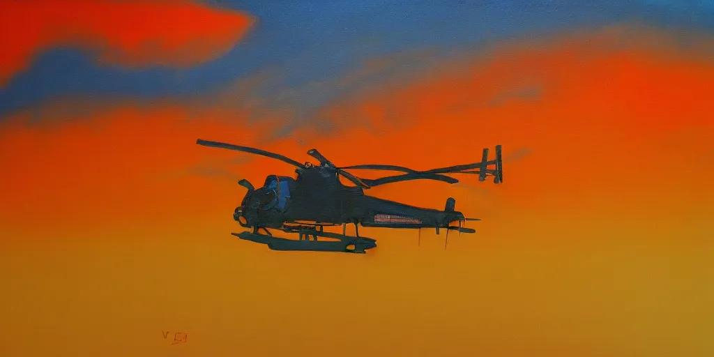 Image similar to Painting of vietnam American helicopters, above a forest, orange sun set, abstract, realism, 8k, detailed, glow