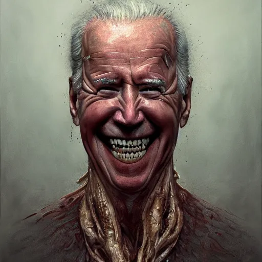 Prompt: a portrait of joe biden, flesh eating worms, macabre, horror saw teeth, horror rotten teeth, peeling face skin, by donato giancola and greg rutkowski and wayne barlow and zdzisław beksinski, realistic face, visible face, digital art, artstation, symmetry