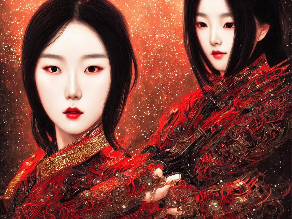 Prompt: portrait han so hee korean actress, wearings black and red samurai armor, in temple firefly sparkles night, ssci - fi and fantasy, intricate and very very beautiful and elegant, highly detailed, digital painting, artstation, concept art, smooth and sharp focus, illustration, art by tian zi and wlop and alphonse mucha