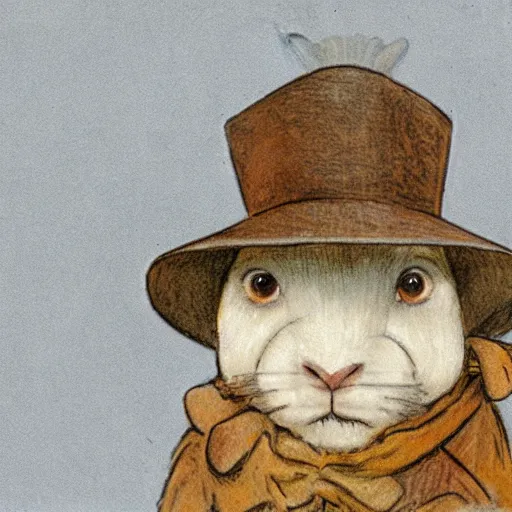 Image similar to a rabbit wearing a deerstalker hat and a brown coat, in the style of carl larsson