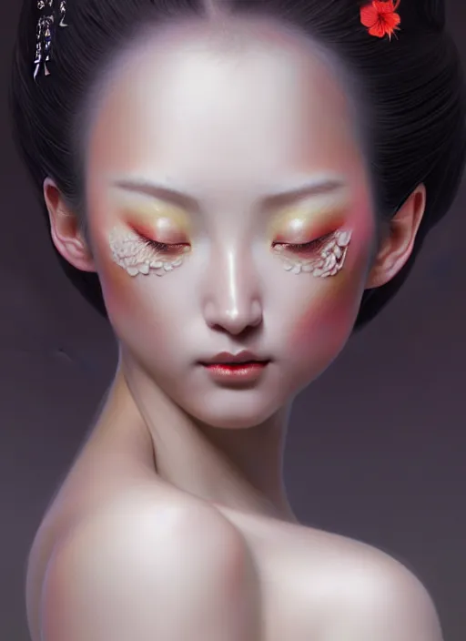 Prompt: organic seductive Geisha, pearlescent skin, diffuse lighting, fantasy, intricate, elegant pose, highly detailed, lifelike, photorealistic, digital painting, artstation, illustration, concept art, different point of view, smooth, sharp focus, art by John Collier and Albert Aublet and Leonardo da vinci and Moebius and Krenz Cushart
