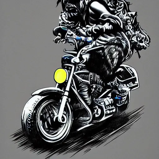 Prompt: psychedelic blacklight airbrush artwork, action shot of an orc biker riding a motorcycle, airbrushed on a black background