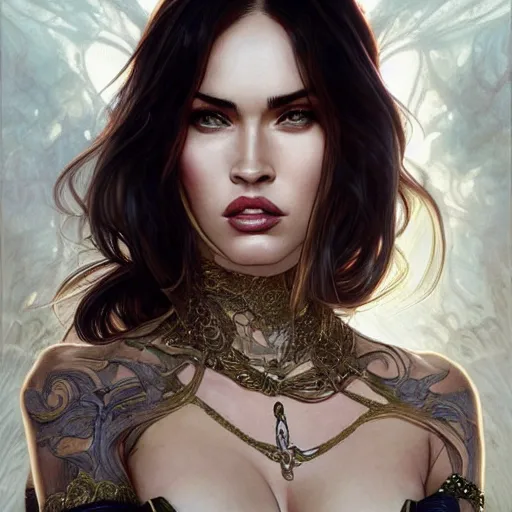 Image similar to ultra realistic illustration, megan fox as vampire lord, intricate, elegant, highly detailed, digital painting, artstation, concept art, smooth, sharp focus, illustration, art by artgerm and greg rutkowski and alphonse mucha