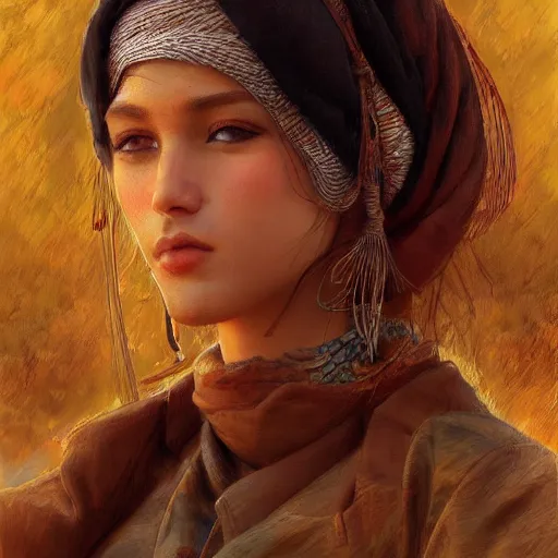 Image similar to a beautiful portrait painting of life in north africa, masterpiece by famous artist nasreddine dinet and eugene de blaas and ross tran, path tracing, artstation