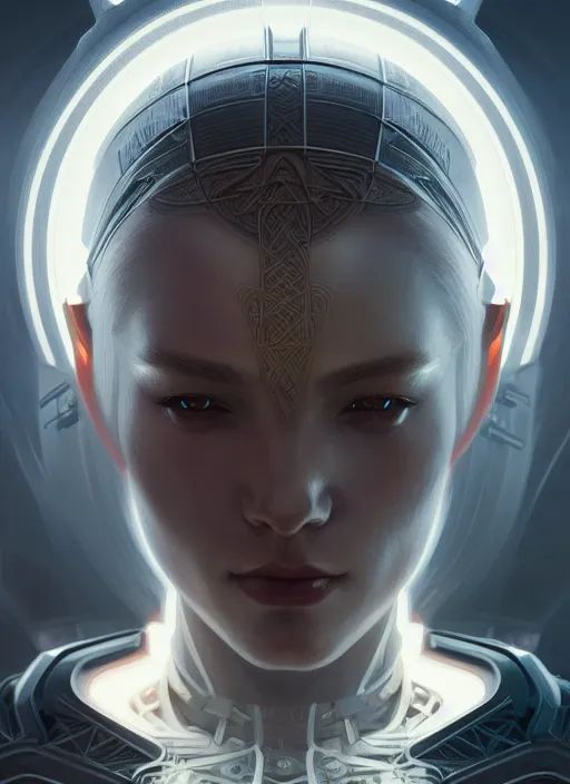 Image similar to symmetry!! portrait of viking, sci - fi, tech wear, intricate, elegant, highly detailed, digital painting, artstation, cinematic lighting, concept art, smooth, sharp focus, illustration, art by artgerm and greg rutkowski and alphonse mucha, 8 k