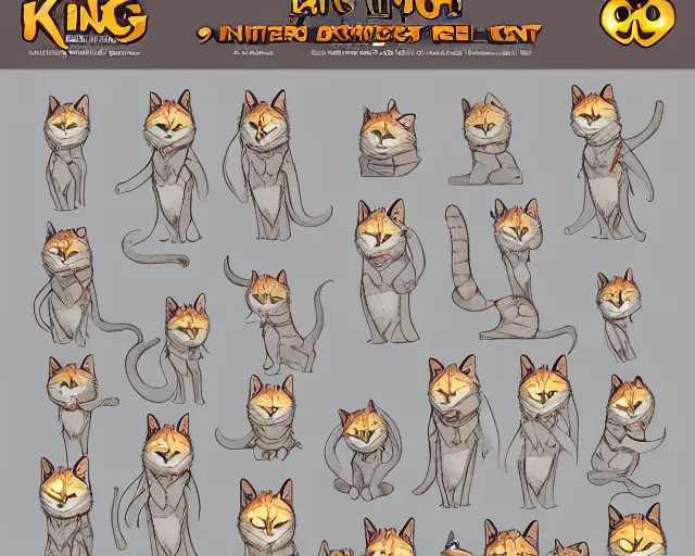 Image similar to king cat character reference sheet, trending on artstation, indie games, digital art, line art