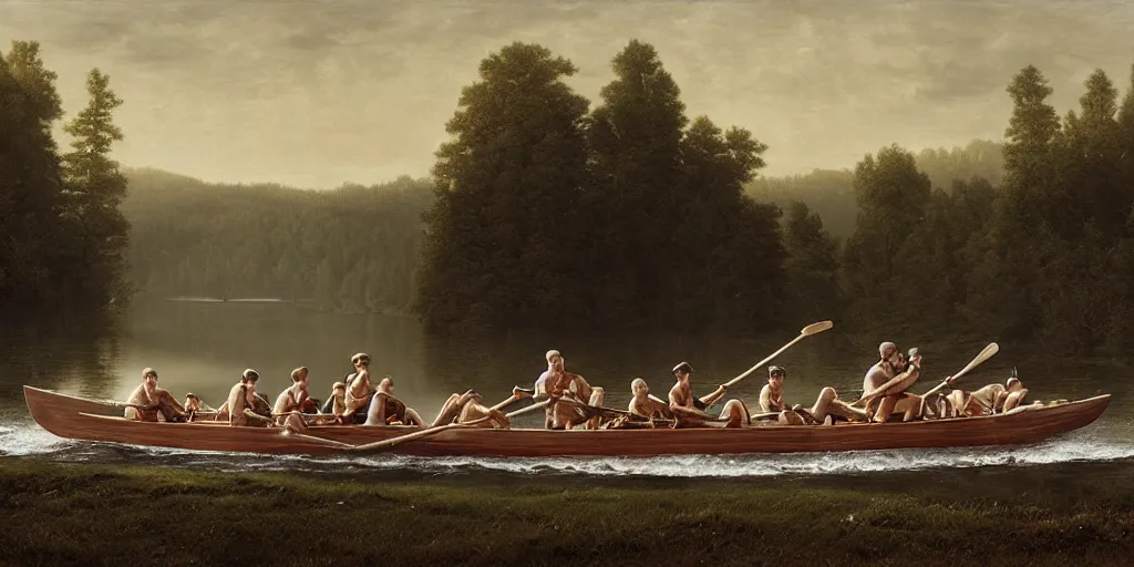 Image similar to A rustic lifeboat with oarsmen in turbulent see, by Gregory Crewdson