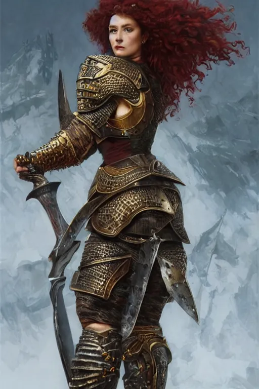 Image similar to full body portrait of a rugged female warrior short length red curly hair and a very highly detailed face wearing elegant obsidian, sliver and gold plate mail armor intricately painted, holding an ancient two hand great sword, very highly detailed, artstation, cgsociety, realistic character concept art, sharp focus, by greg rutkowski, artgerm, and alphonse mucha