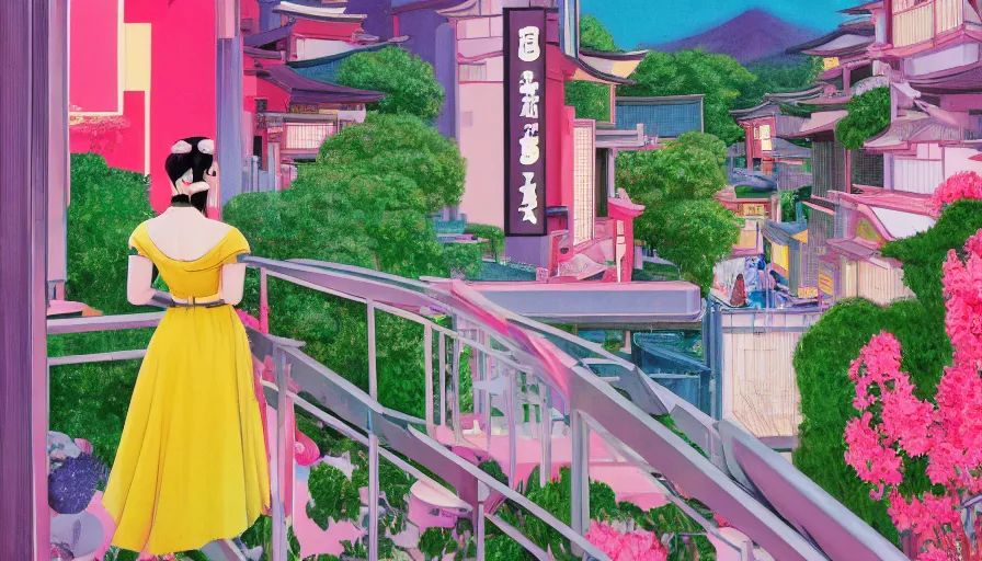 Prompt: a vibrant dream of a beautiful girl wearing gucci from behind on a balcony looking out over a fancy street in futuristic kyoto japan, lush plants, monorail, onsen, glowing paper lanterns, high fashion, magic details, by moebius, edward hopper, james gilleard, and james jean, hd, 8 k, trending on artstation, uhd,