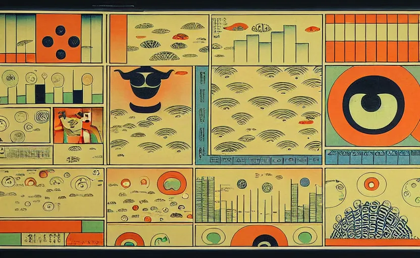 Prompt: business dashboard with time series charts, pie plots and other modern graphics, with small creatures with many eyes. diego rivera ( with slight ukiyo - e influence ). ravi supa.