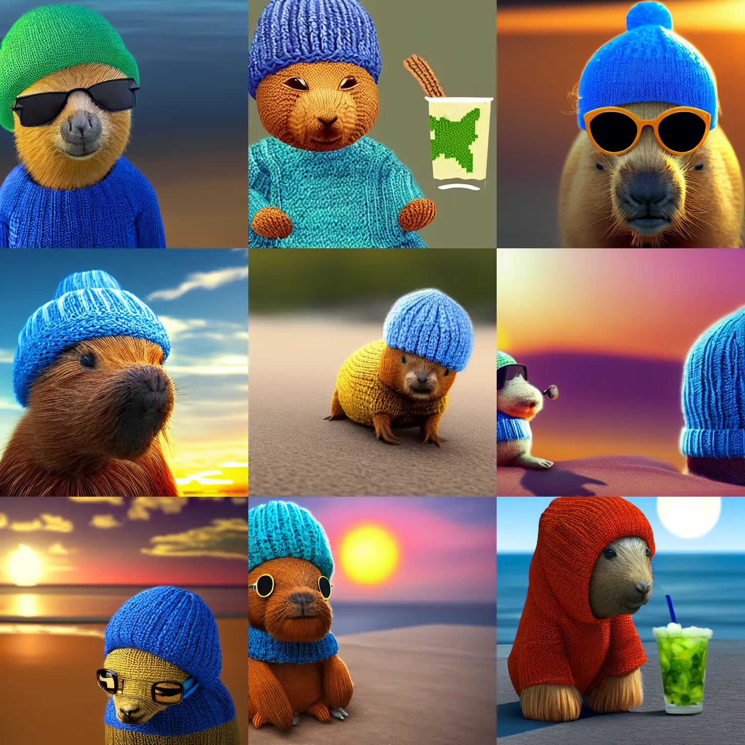 Prompt: a photorealistic picture of a knitted cute Capybara wearing sunglasses and dressed in a blue beanie cap. The Capybara is also sipping from a mojito drink at the beach during sunset. The image is Trending on Artstation, featured on Behance, well-rendered, fine detail, extra crisp image, Unreal Engine, 4K HD