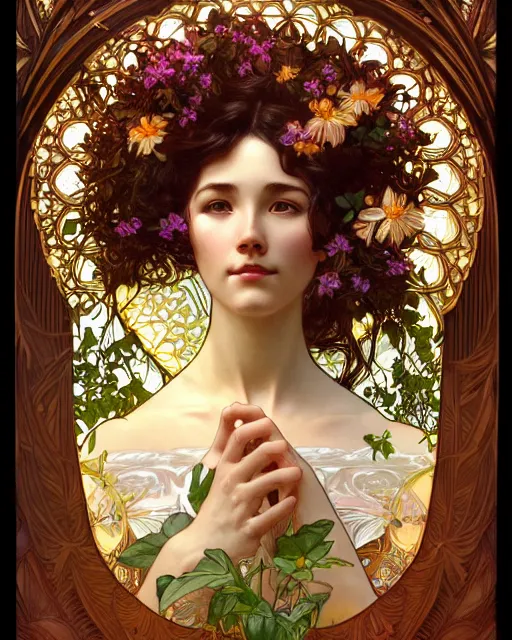 Image similar to portrait of mother nature, wlop, artgerm, flowery overgrowth, alphonse mucha, radiant halo of light, intricately carved mahogany, gilding, artstation