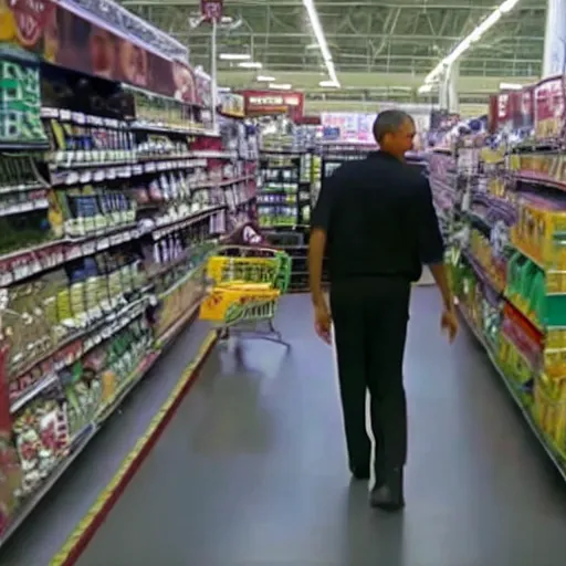 Prompt: security camera footage of barack obama trashing a walmart