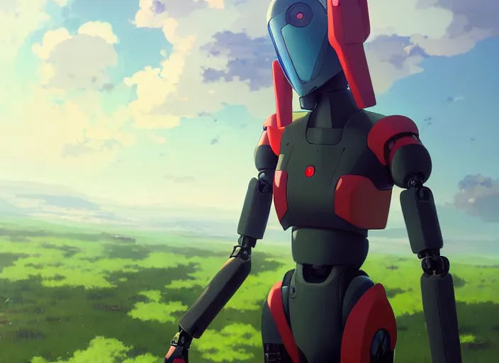 Image similar to portrait of girl piloting mecha humanoid robot, smoky sky background, lush landscape, illustration concept art anime key visual trending pixiv fanbox by wlop and greg rutkowski and makoto shinkai and studio ghibli and kyoto animation, red body suit, military gear, evangelion unit 0 2, grimdark