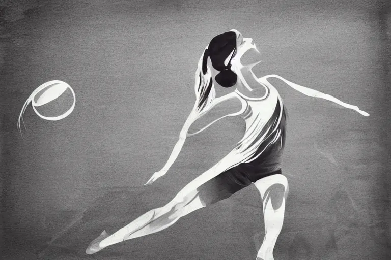 Image similar to beautiful serene volleyball player, healing through motion, life, minimalistic golden and ink airbrush painting on white background