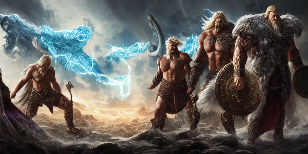 prompthunt: a epic and fantasy concept art of ragnarok, zeus, thor, by  tsuyoshi nagano, god of wars, aion, hyperdetailed, 8 k realistic,  symmetrical, wallpaper, long shot, frostbite 3 engine, cryengine, dof,  trending