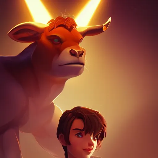 Image similar to Portrait of a Minotaur, golden eyes, dark hair, mattepainting concept Blizzard pixar maya engine on stylized background splash comics global illumination lighting artstation lois van baarle, ilya kuvshinov, rossdraws