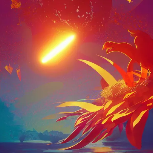 Image similar to the solarpunk phoenix, optimistic, red bird, ornate egg, regeneration, landscape, epic composition, volumetric light, bokeh, painting by ilya kuvshinov and by makoto shinkai