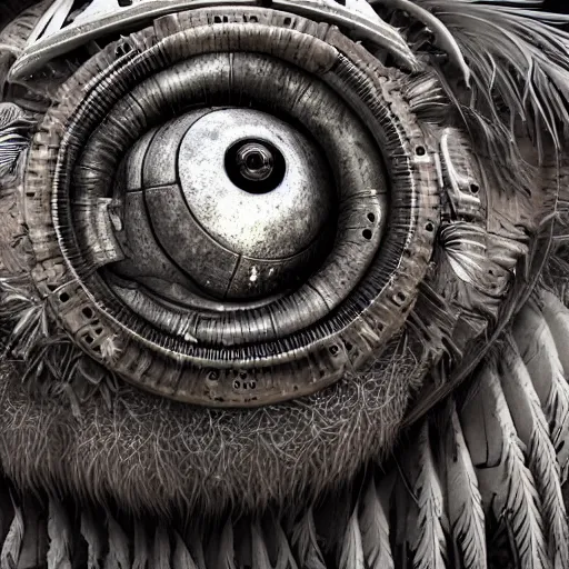 Image similar to detailed portrait, machinarium owl, majestic, mechanical, ancient, feathers of detail, halfway through, hyper - detailed, stylistic, symmetrical, 3 d render, 8 k, octane render