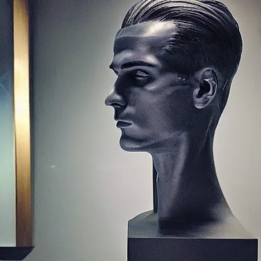 Image similar to “ a realistic detailed photo of a guy who is an attractive humanoid who is half robot and half humanoid, who is a male android, soccer player antoine griezmann, shiny skin, posing like a statue, blank stare, at the museum, on display ”