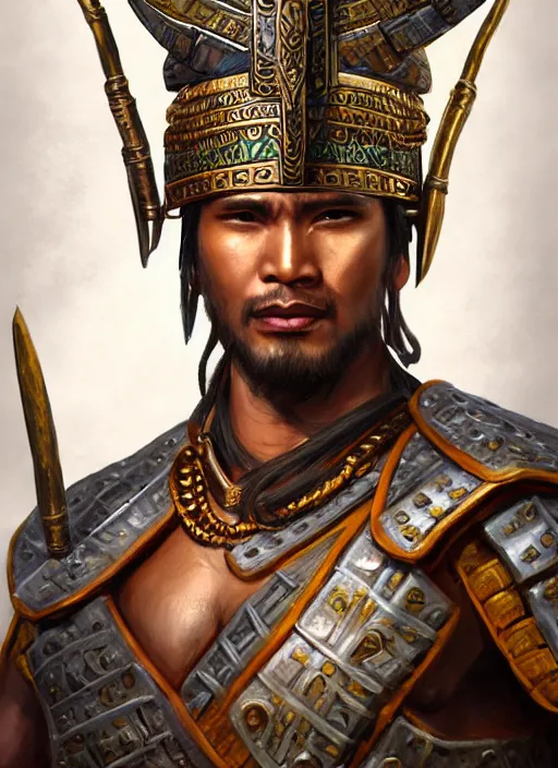 Image similar to smart tai warlord, closeup portrait, historical hero, ethnic group, sukhothai costume, thai bronze headdress, intricate, with leather armor cross on bare chest, elegant, loin cloth, highly detailed, oil painting, artstation, concept art, matte, sharp focus, illustration, hearthstone, art by earl norem