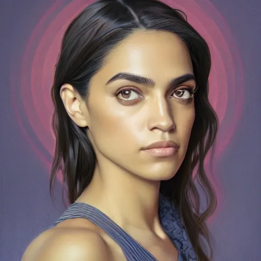 Image similar to symmetry portrait of alexandria ocasio - cortez, intricate, elegant, highly detailed, digital painting, artstation, concept art, smooth, sharp focus, illustration, art by artgerm and greg rutkowski and alphonse mucha, 8 k