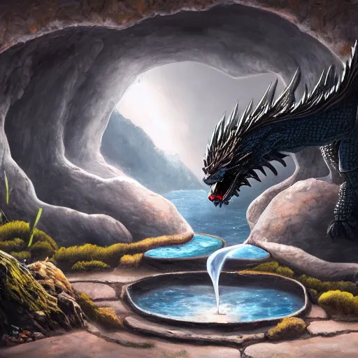 Image similar to ! dream a black dragon sitting, highly detailed oil painting of a hotspring in cave, featured on artstation